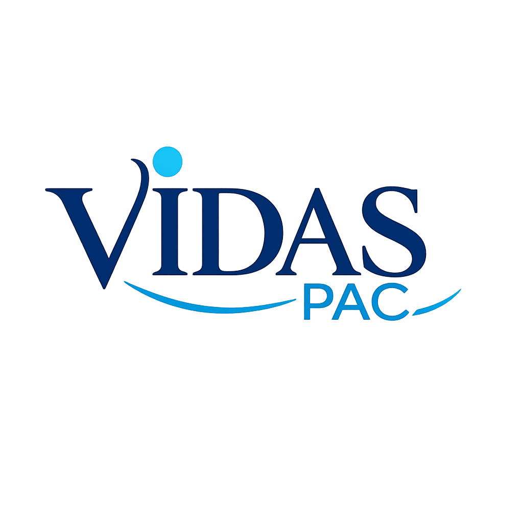 Logomarca VIDAS PAC, fonte serifada em tons de azul
