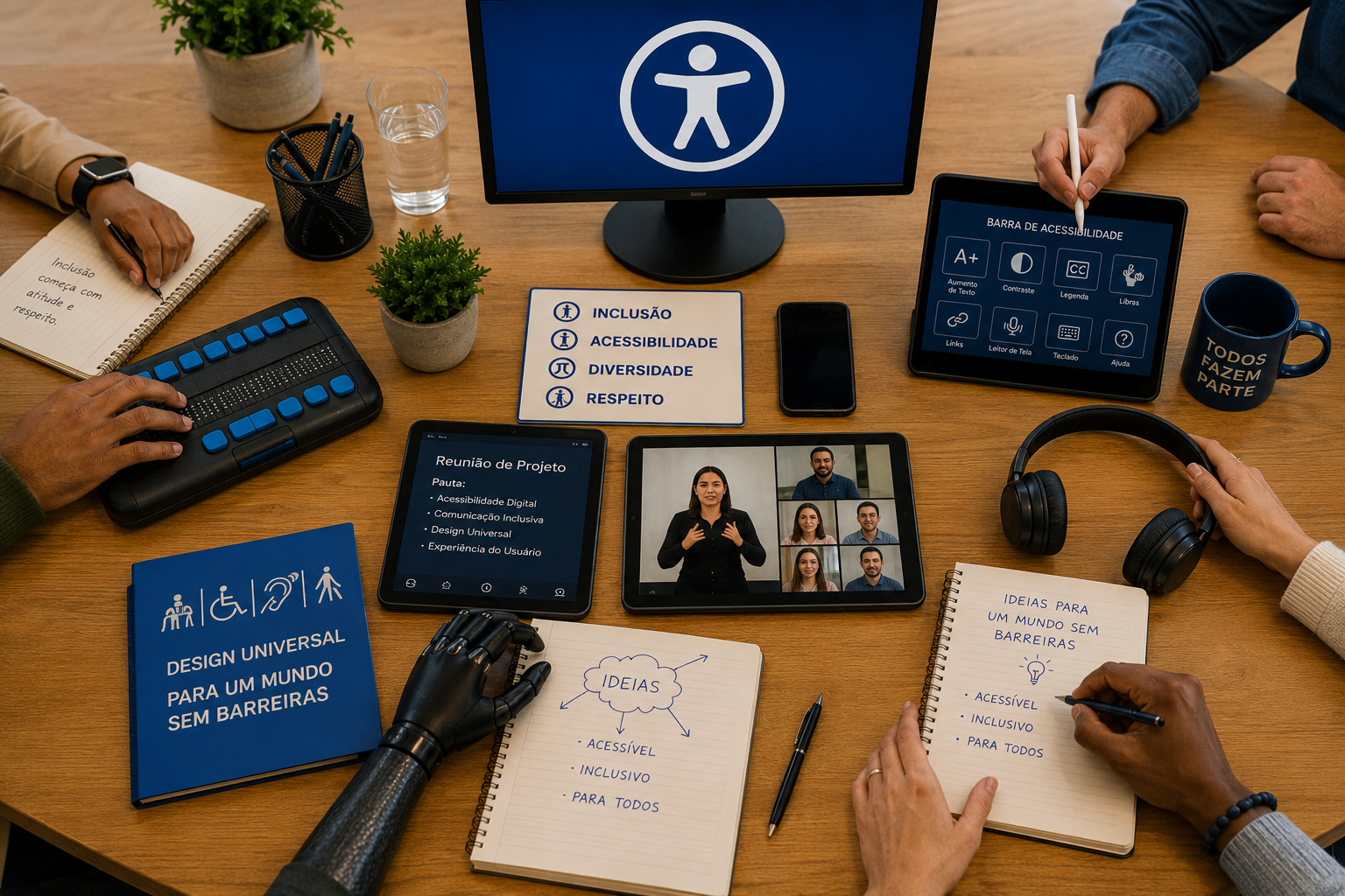 Mesa de reunião com pessoas utilizando tecnologias assistivas, comunicação acessível e recursos de design universal.