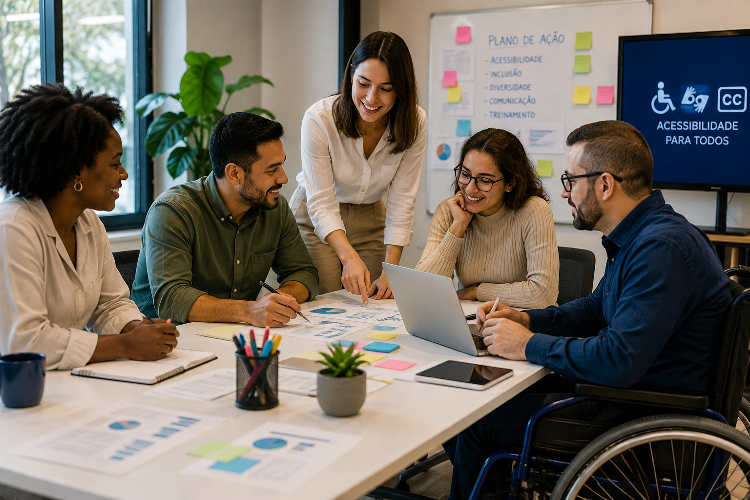 Profissionais planejam um projeto em ambiente corporativo, utilizando notebook, documentos e materiais de apoio, com recursos e referências relacionados à acessibilidade e à inclusão. Entre os participantes, uma pessoa utiliza cadeira de rodas e outra faz uso de linha braille.