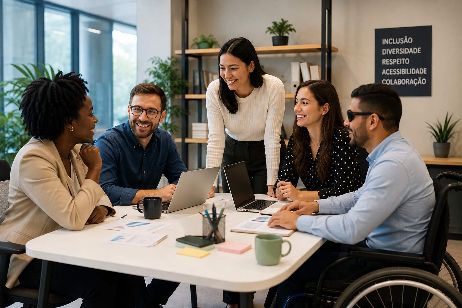Cinco profissionais diversos conversam em torno de uma mesa em um escritório moderno. Entre eles, há um homem em cadeira de rodas. Sobre a mesa estão notebooks, documentos e materiais de trabalho. Ao fundo, um quadro exibe as palavras “inclusão, diversidade, respeito, acessibilidade e colaboração”.
